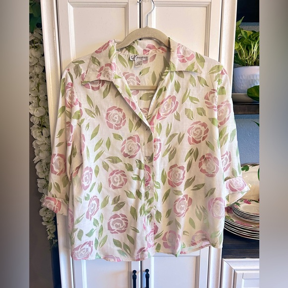 Dress Barn Vintage Cream Rose Button Down Blouse Plus Size 1X - Picture 1 of 10